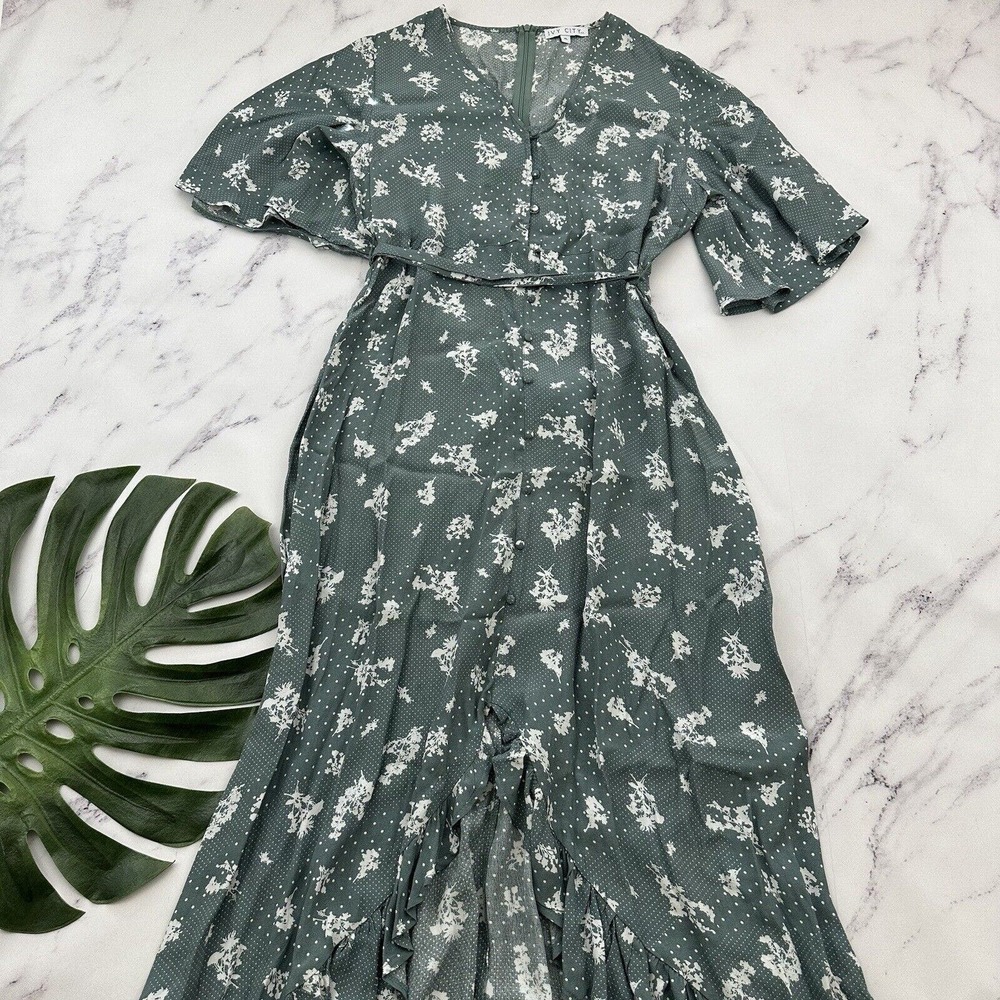 Ivy City Co Womens Floral Maxi Dress Size XL Sage Green White Ruffle Trim